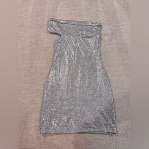 H:Ours Asymmetrical One-Shoulder Mini Dress - Silver Metallic, Size S